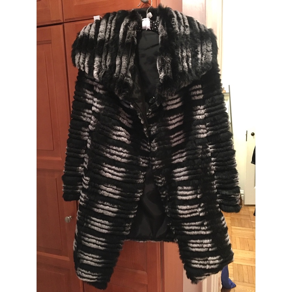 Black and white draped rabbit fur coat